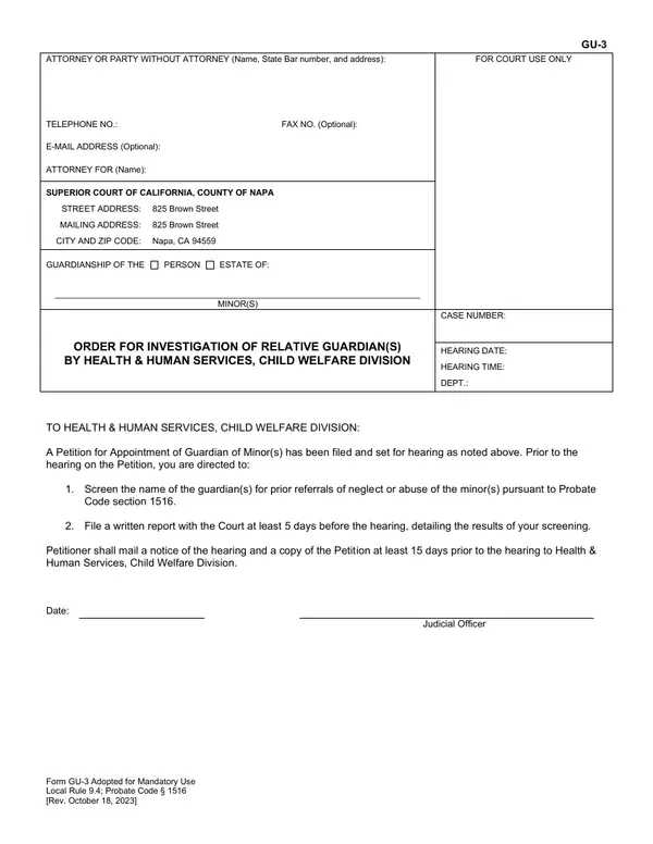 First page of Order for Investigation of Relative Guardian(s) by Health & Human Services, Child Welfare Division