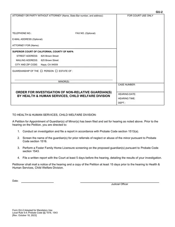 First page of Order for Investigation of Non-Relative Guardian(s) by Health & Human Services, Child Welfare Division