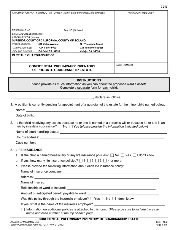 First page of Confidential Preliminary Inventory of Probate Guardianship Estate