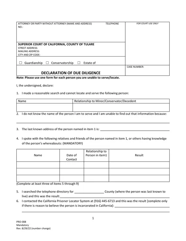 First page of Declaration of Due Diligence