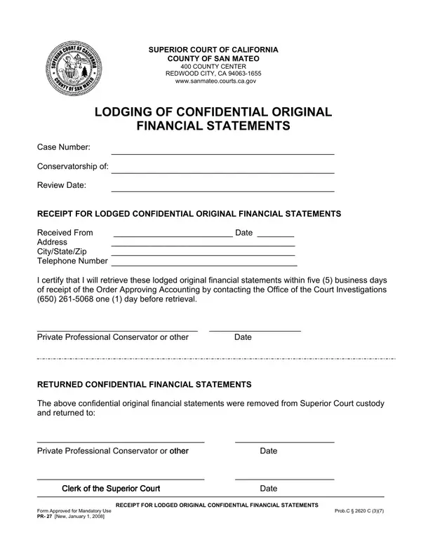 First page of Receipt for Lodged Original Confidential Financial Statements
