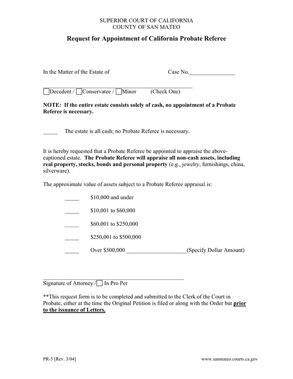First page of Request for Appointment of California Probate Referee