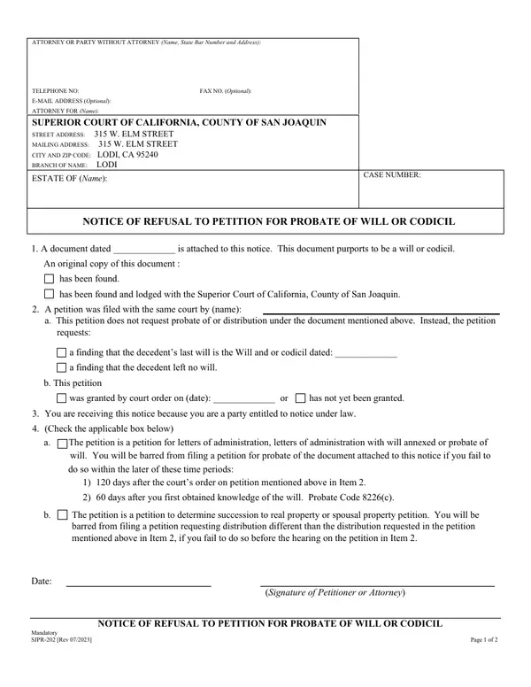 First page of Notice of Refusal to Petition for Probate of Will or Codicil