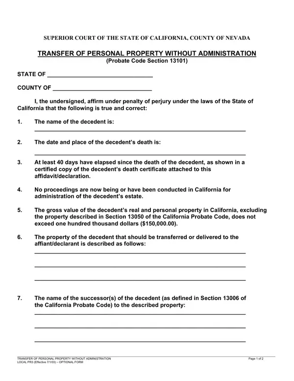 First page of Transfer of Personal Property Without Administration