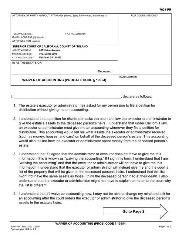 First page of Waiver of Accounting (Probate Code § 10954)