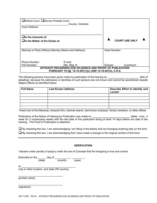 First page of Affidavit Regarding Due Diligence and Proof of Publication