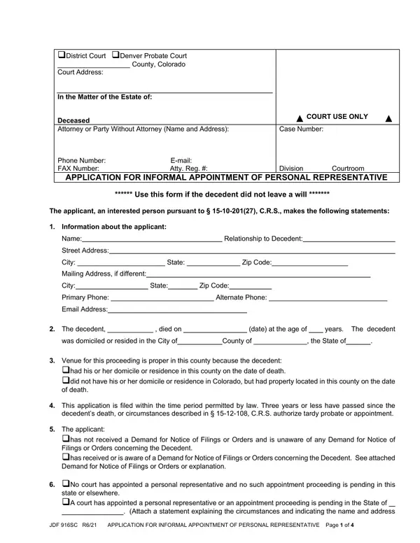 First page of Application for Informal Appointment of Personal Representative