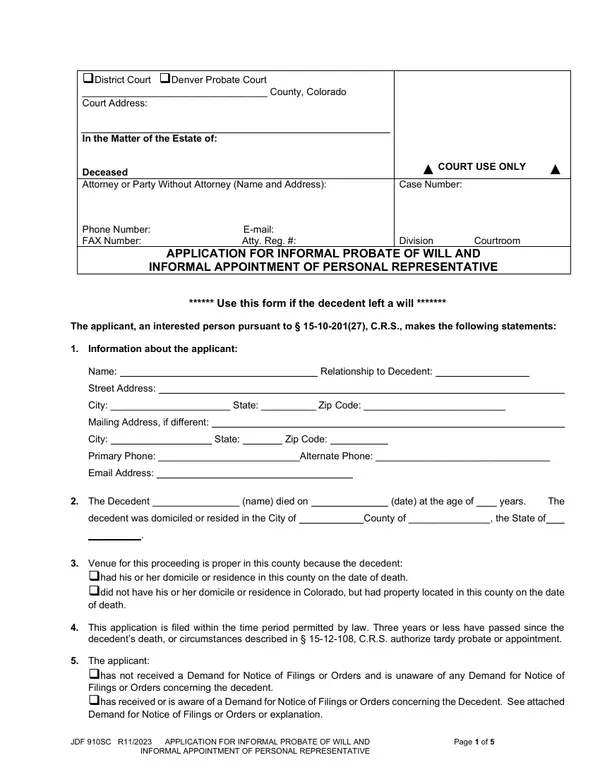 First page of Application for Informal Probate of Will and Informal Appointment of Personal Representative