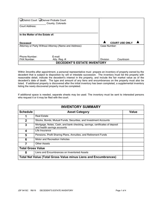 First page of Decedent's Estate Inventory