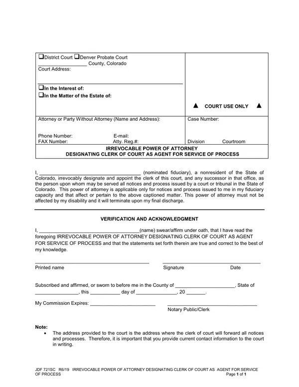 First page of Irrevocable Power of Attorney Designating Clerk of Court As Agent for Service of Process