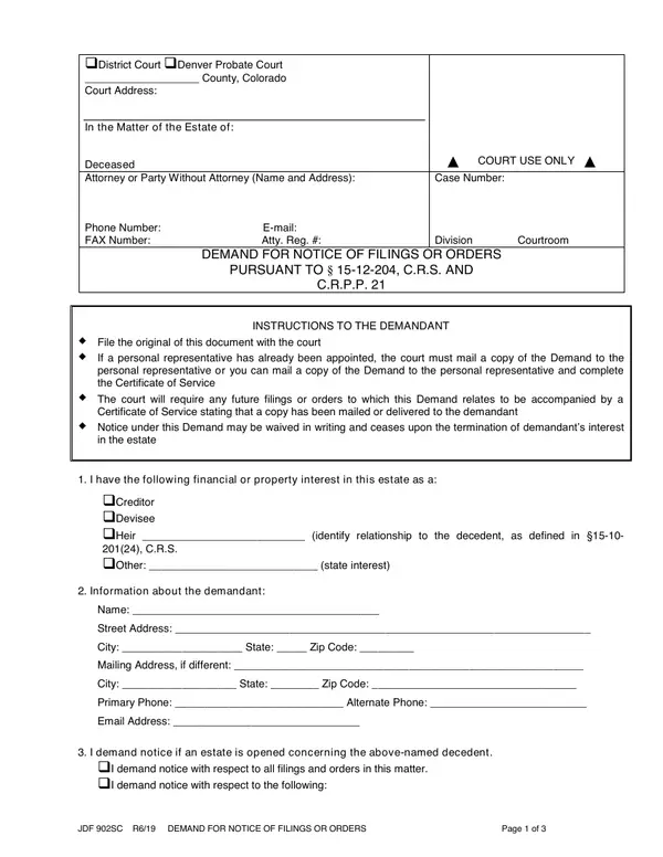 First page of Demand for Notice of Filings or Orders