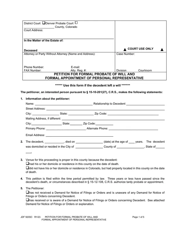 First page of Petition for Formal Probate of Will and Formal Appointment of Personal Representative