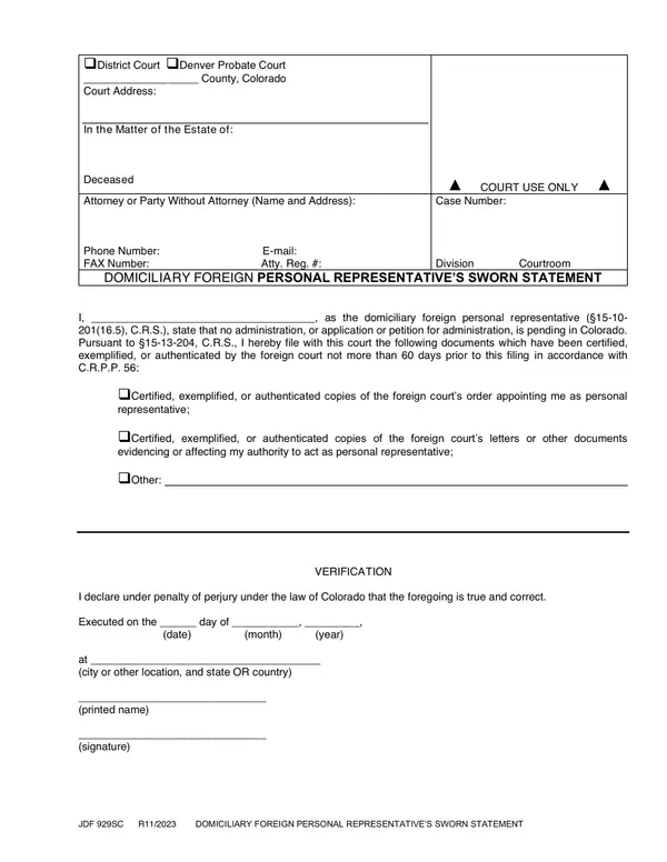 First page of Domiciliary Foreign Personal Representative's Sworn Statement