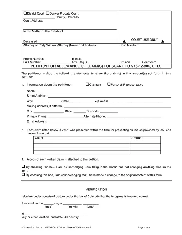 First page of Petition for Allowance of Claim(S) Pursuant to § 15-12-806, C.R.S.