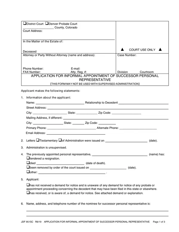 First page of Application for Informal Appointment of Successor Personal Representative