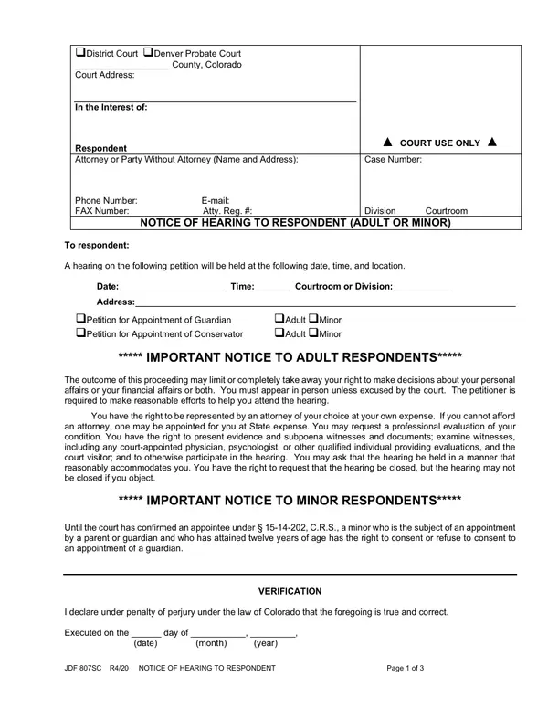 First page of Notice of Hearing to Respondent (Adult or Minor)
