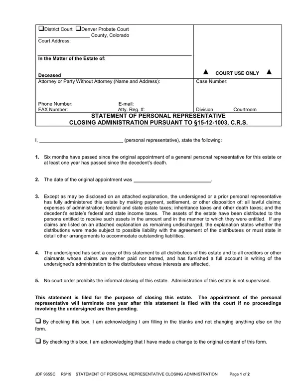 First page of Statement of Personal Representative Closing Administration