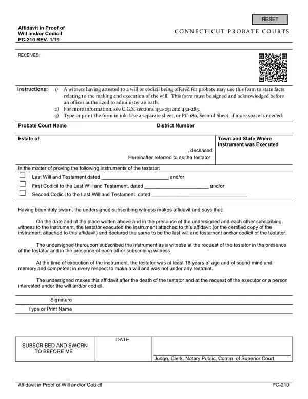 First page of Affidavit in Proof of Will and/or Codicil