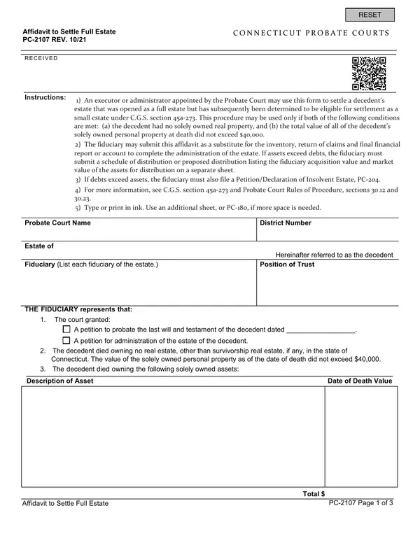 First page of Affidavit to Settle Full Estate