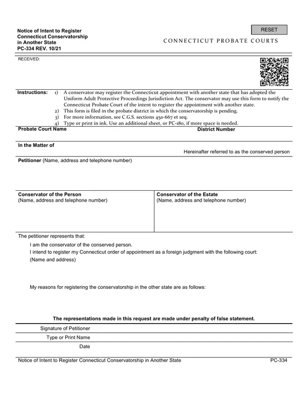 First page of Notice of Intent to Register Connecticut Conservatorship in Another State