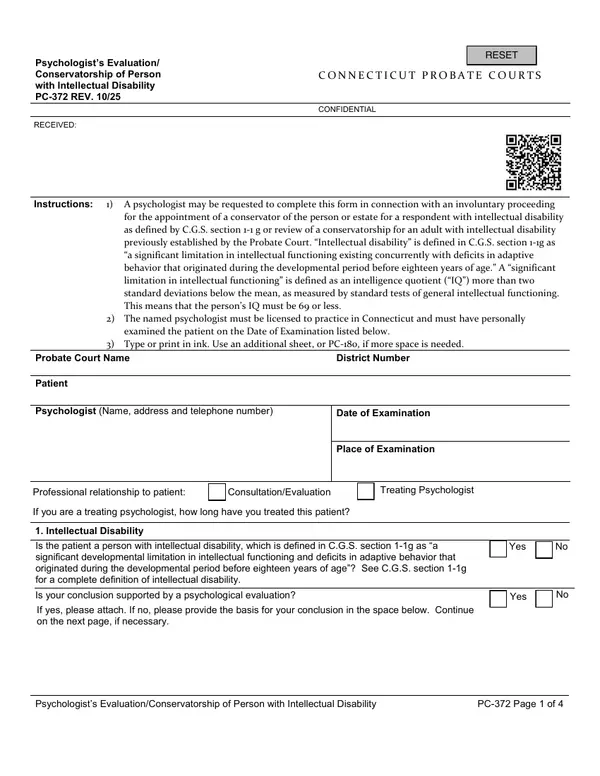 First page of Psychologist's Evaluation/Conservatorship of Person with Intellectual Disability