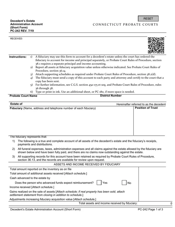 First page of Decedent's Estate Administration Account (Short Form)