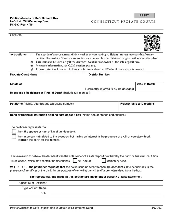 First page of Petition/Access to Safe Deposit Box to Obtain Will/Cemetery Deed