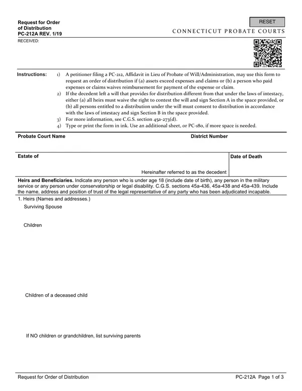 First page of Request for Order of Distribution