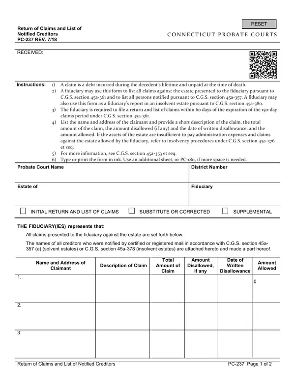 First page of Return of Claims and List of Notified Creditors