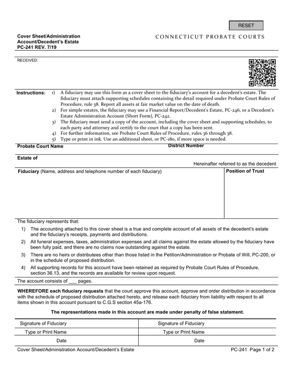 First page of Cover Sheet/Administration Account/Decedent's Estate