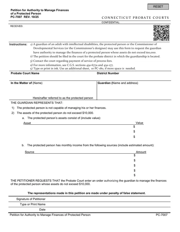 First page of Petition for Authority to Manage Finances of a Protected Person