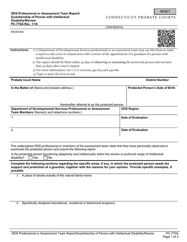First page of DDS Professional or Assessment Team Report/Guardianship of Person with Intellectual Disability/Review
