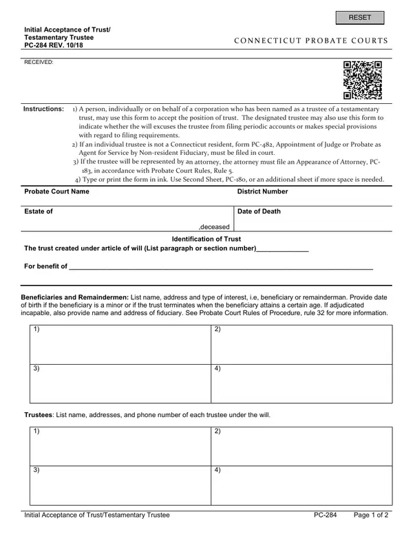 First page of Initial Acceptance of Trust/Testamentary Trustee