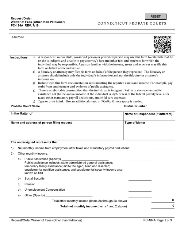 First page of Request/Order Waiver of Fees (Other than Petitioner)