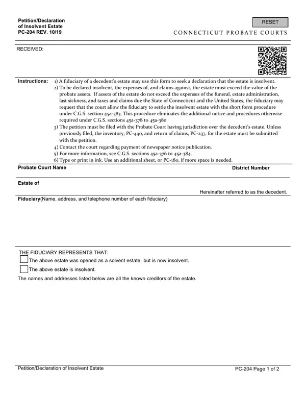 First page of Petition/Declaration of Insolvent Estate