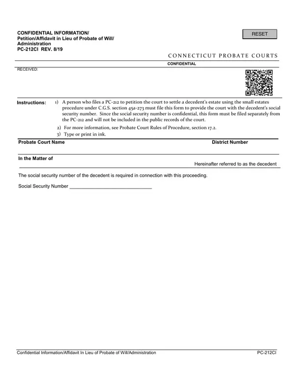 First page of Confidential Information/ Petition/Affidavit in Lieu of Probate of Will/ Administration