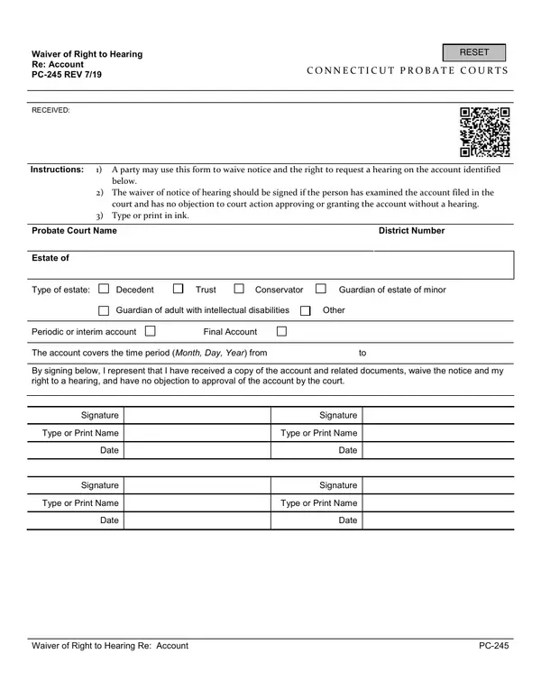 First page of Waiver of Right to Hearing Re: Account