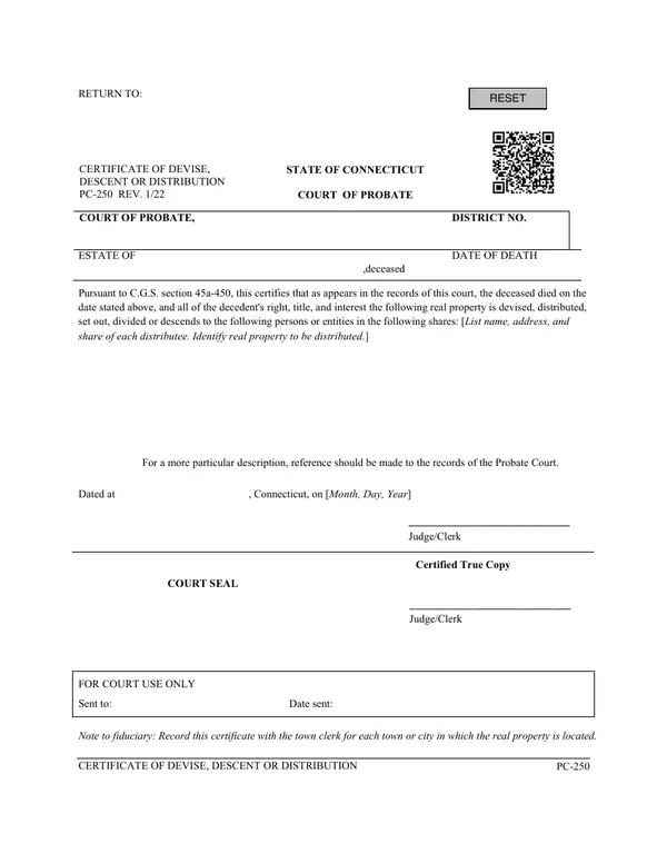 First page of Certificate of Devise, Descent or Distribution