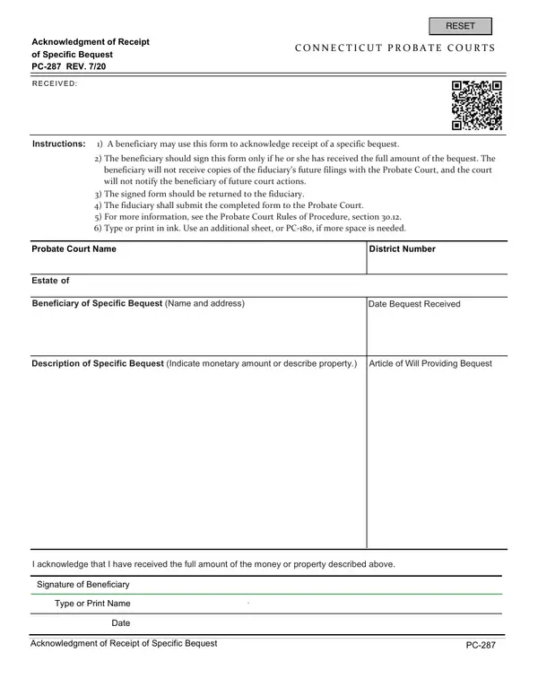 First page of Acknowledgment of Receipt of Specific Bequest