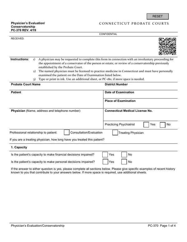 First page of Physician's Evaluation/Conservatorship