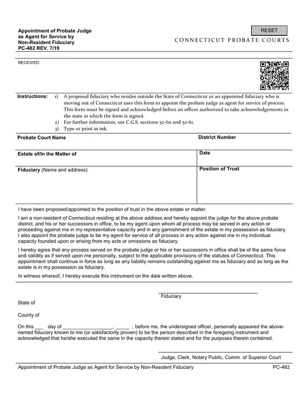 First page of Appointment of Probate Judge as Agent for Service by Non-Resident Fiduciary