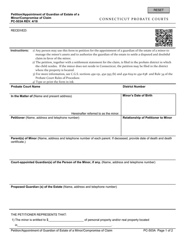 First page of Petition/Appointment of Guardian of Estate of a Minor/Compromise of Claim