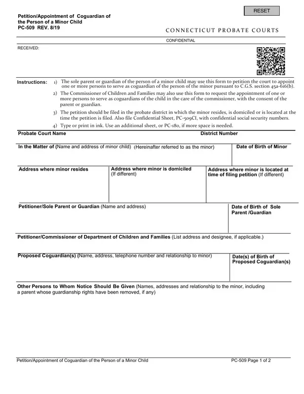 First page of Petition/Appointment of Coguardian of the Person of a Minor Child