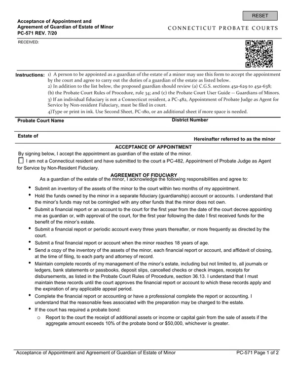 First page of Acceptance of Appointment and Agreement of Guardian of Estate of Minor