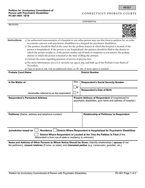 First page of Petition for Involuntary Commitment of Person with Psychiatric Disabilities