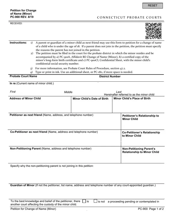 First page of Petition for Change of Name (Minor)
