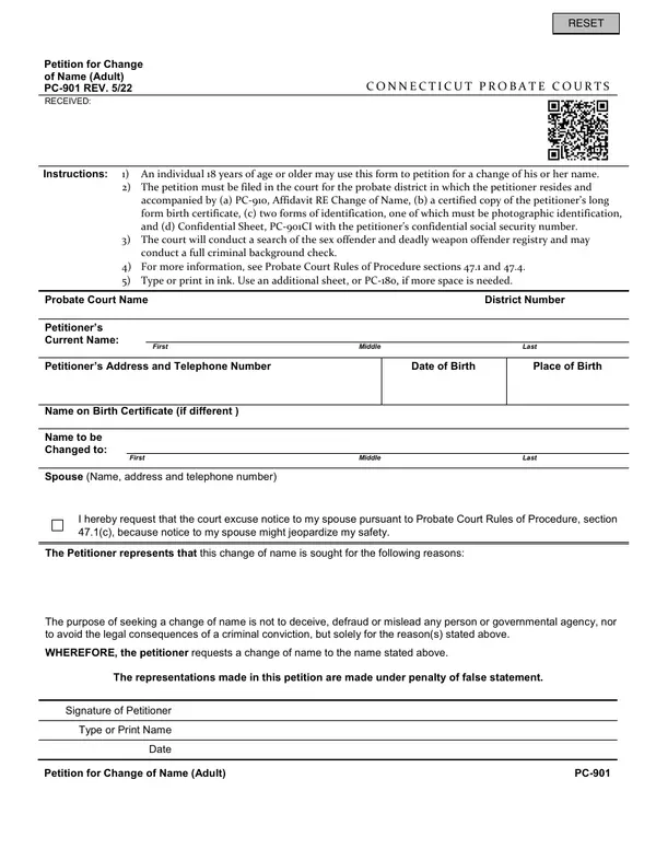 First page of Petition for Change of Name (Adult)