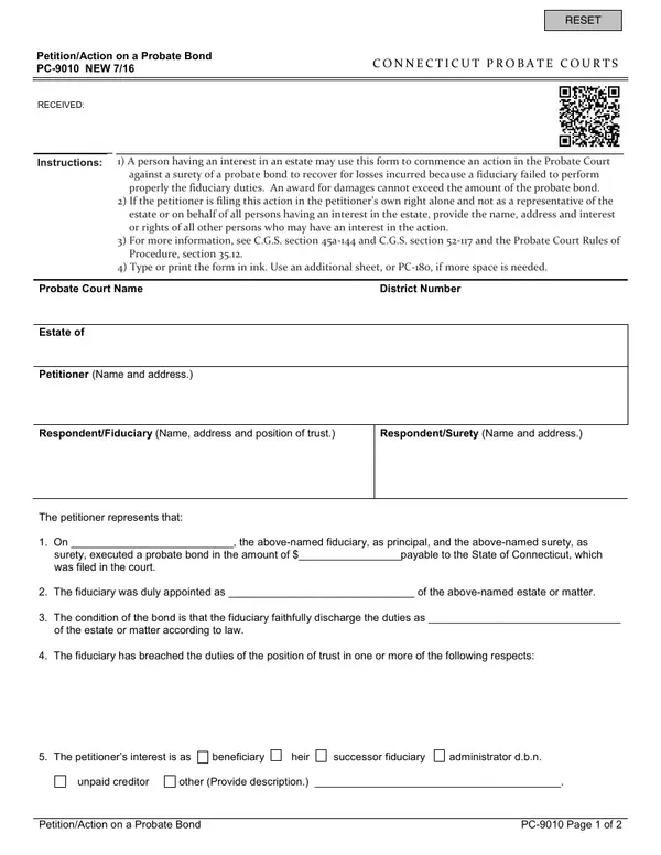First page of Petition/Action on a Probate Bond