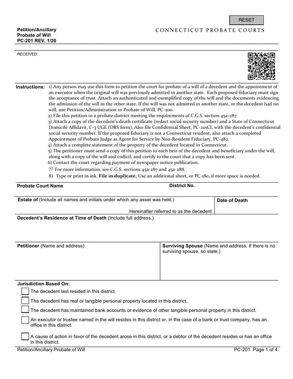 First page of Petition/Ancillary Probate of Will