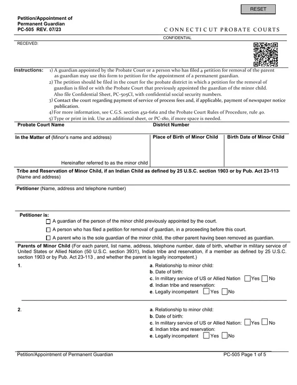 First page of Petition/Appointment of Permanent Guardian